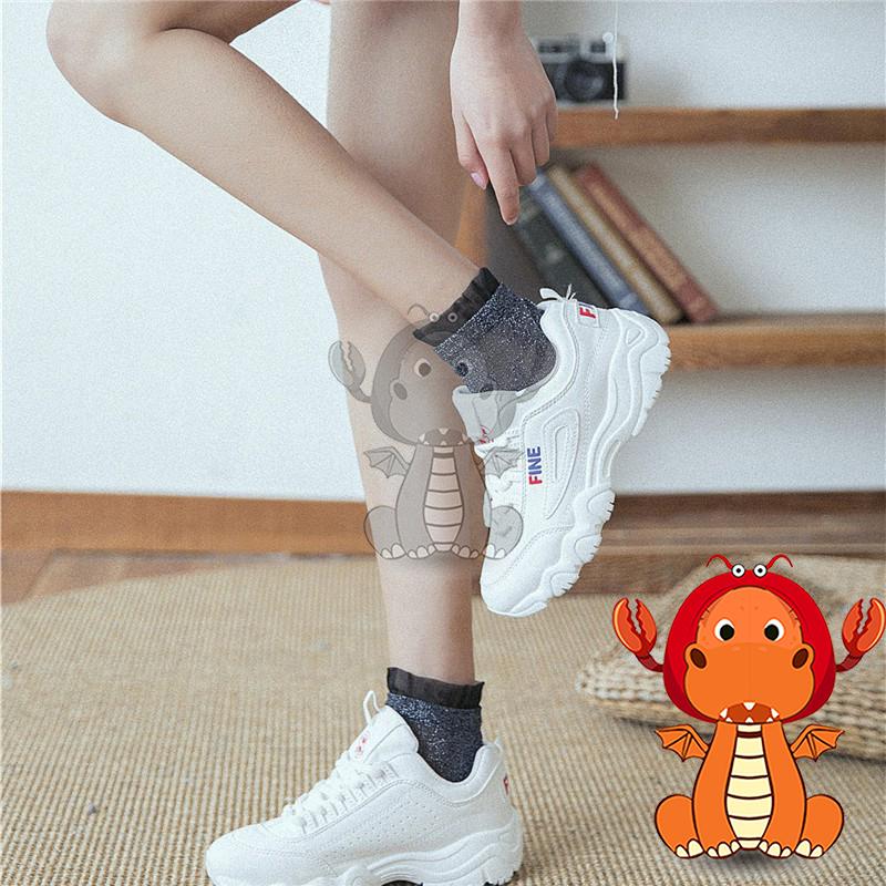 女F-022 女生襪子 夏季薄款襪子 花邊襪子 透明銀卷邊襪子 亮絲時尚中筒襪  唯龍購物-細節圖2