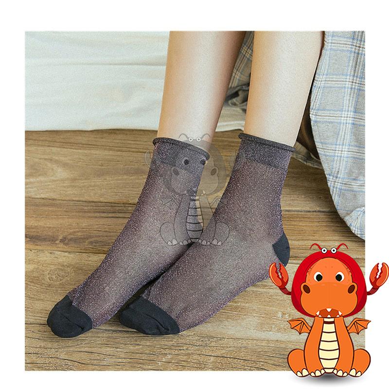 女F-022 女生襪子 夏季薄款襪子 花邊襪子 透明銀卷邊襪子 亮絲時尚中筒襪  唯龍購物-細節圖3