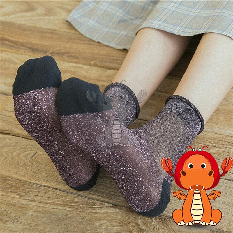 女F-022 女生襪子 夏季薄款襪子 花邊襪子 透明銀卷邊襪子 亮絲時尚中筒襪  唯龍購物-細節圖4