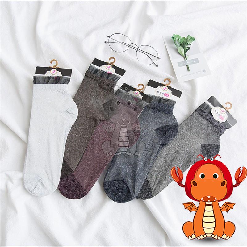 女F-022 女生襪子 夏季薄款襪子 花邊襪子 透明銀卷邊襪子 亮絲時尚中筒襪  唯龍購物-細節圖5