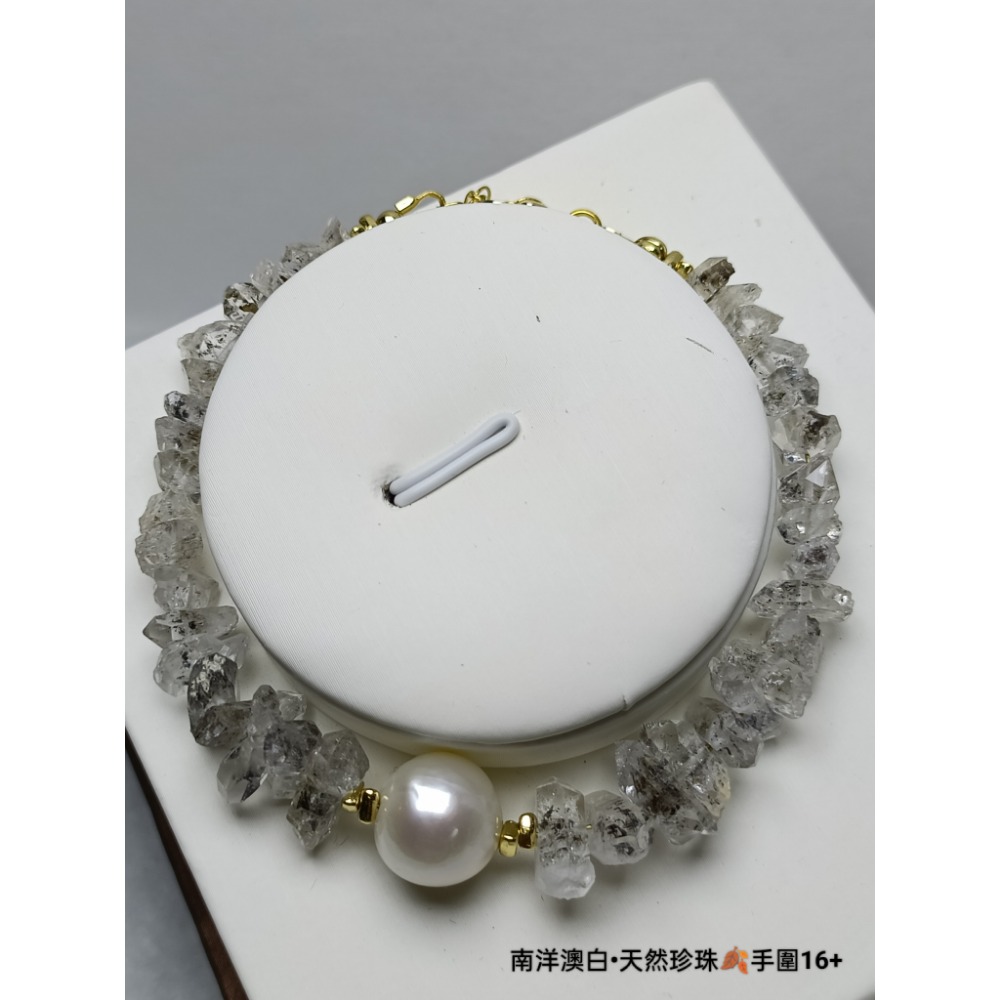 🎼巴基斯坦閃靈鑽•南洋澳白珍珠•設計款手鍊🎶14K保色包金🎵星光粉水晶🎼-細節圖2