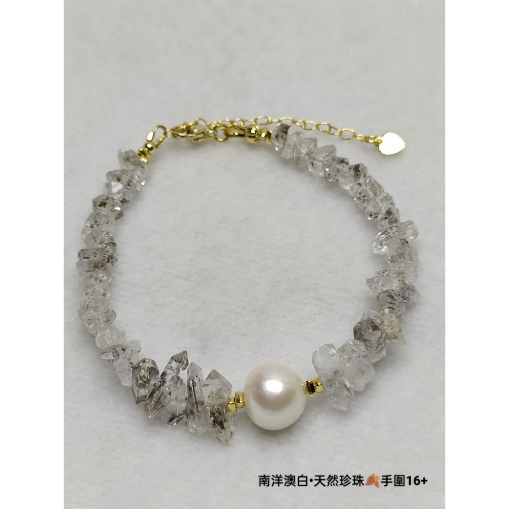 🎼巴基斯坦閃靈鑽•南洋澳白珍珠•設計款手鍊🎶14K保色包金🎵星光粉水晶🎼-細節圖3