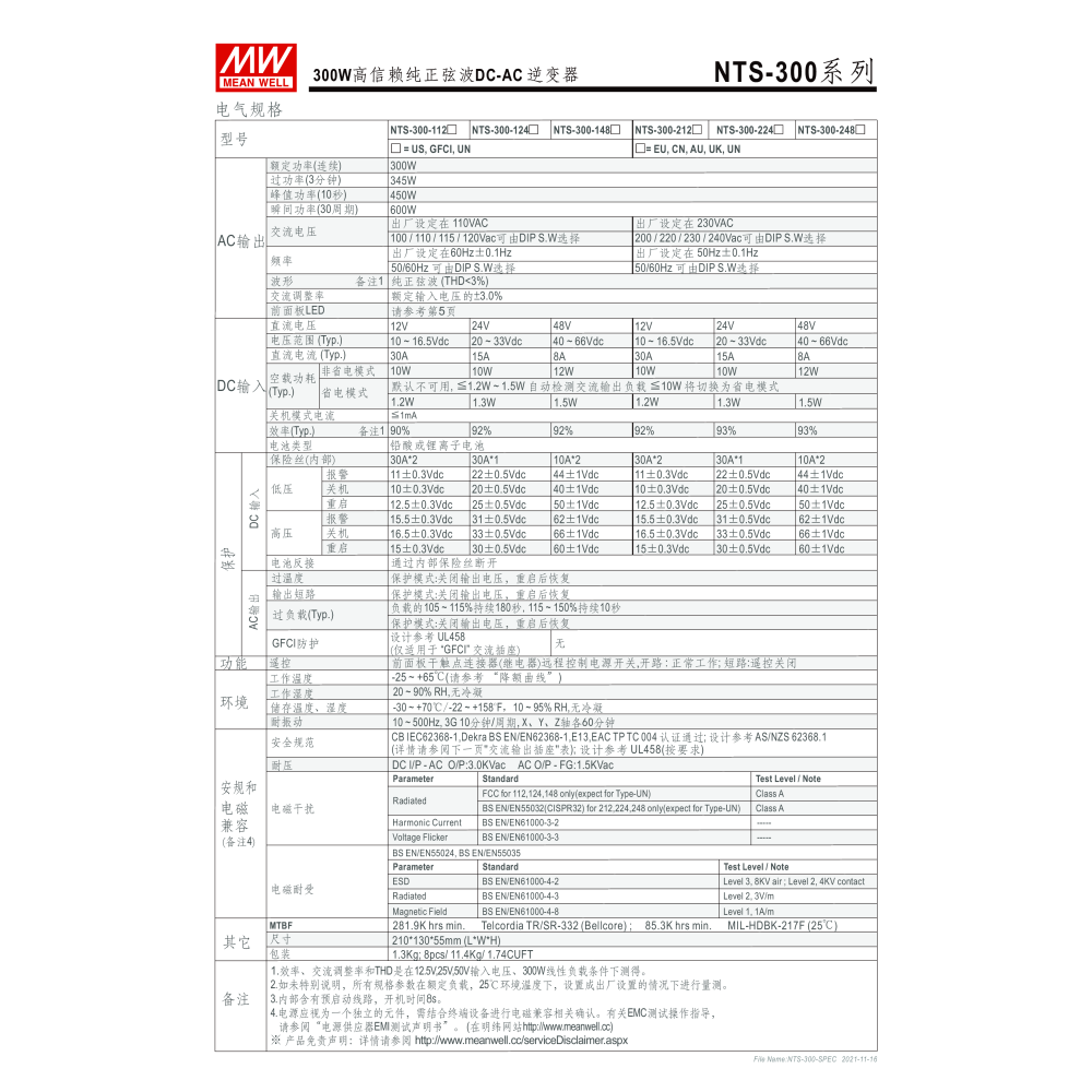 明緯原裝公司貨 [ NTS-300-112US ] MEANWELL 300W DC-AC逆變器 含稅-細節圖3