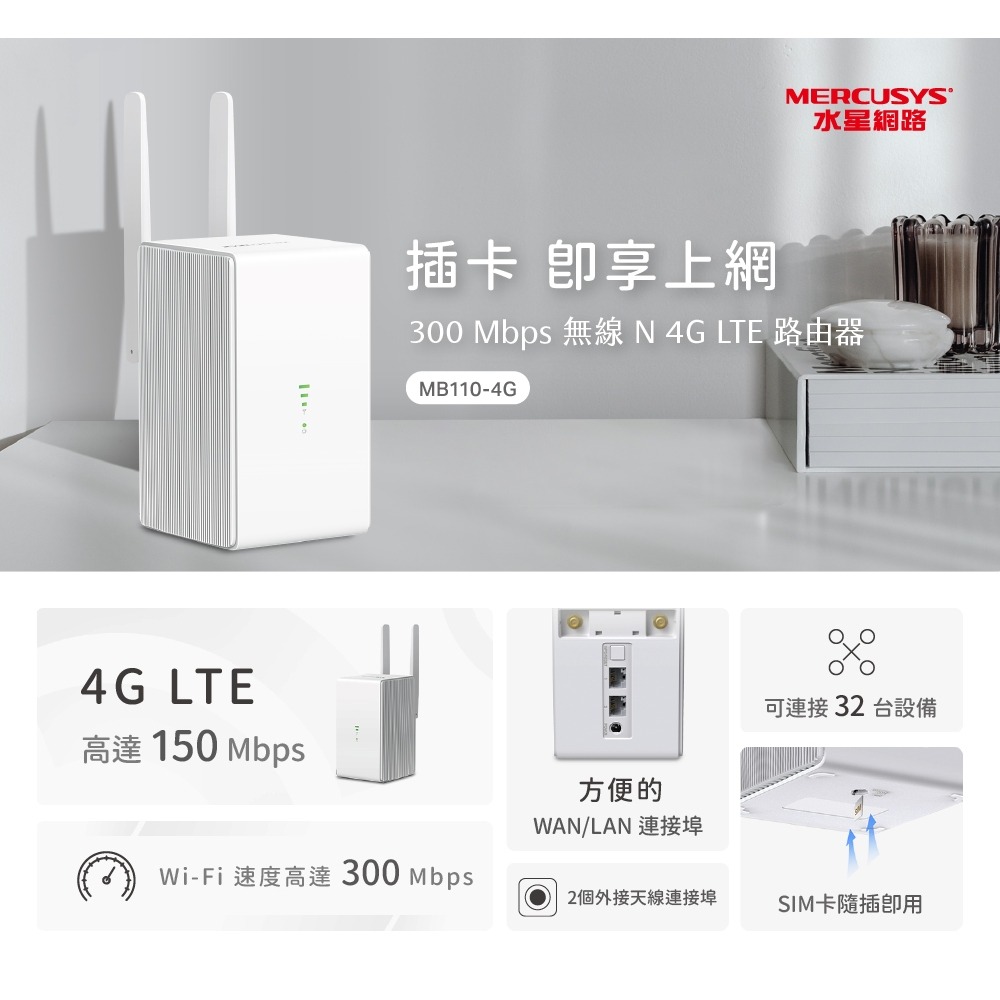 聯迅~來電更優惠 水星網路 MB110-4G 4G LTE 無線網路 WiFi 路由器 帶天線版-細節圖2