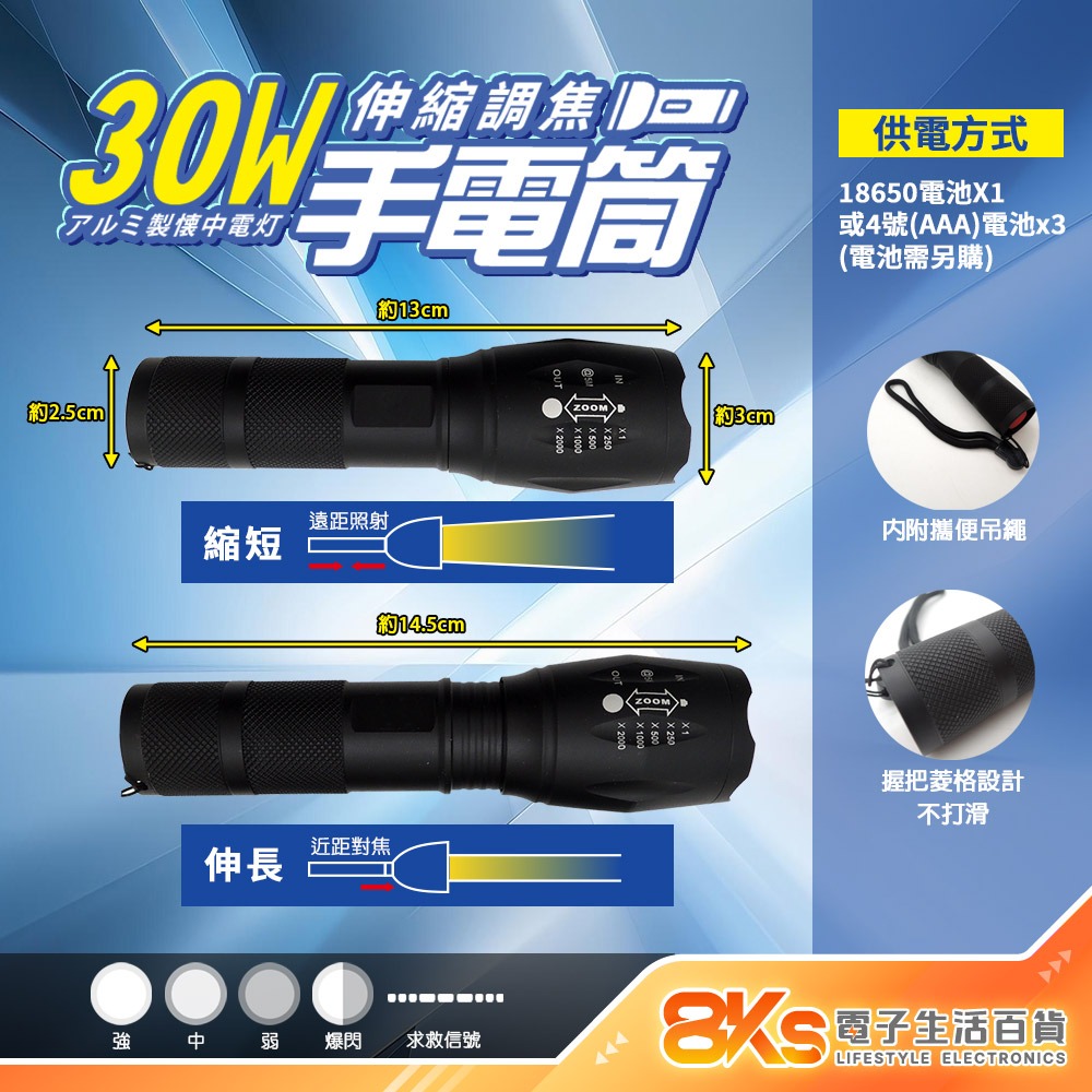 《附發票》鋁合金手電筒 30W/35W/38W/45W  伸縮調焦、多段調光、防潑水、耐磨 強力磁吸 攜帶方便-規格圖3