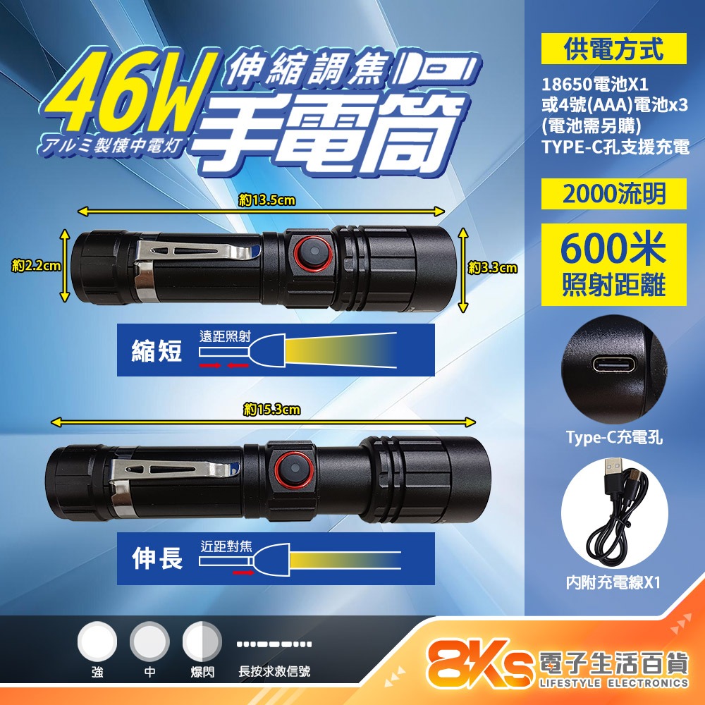 《附發票》鋁合金手電筒 30W/35W/38W/45W  伸縮調焦、多段調光、防潑水、耐磨 強力磁吸 攜帶方便-規格圖3