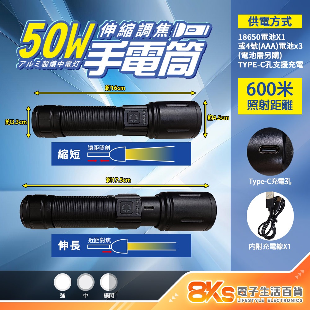 《附發票》鋁合金手電筒 30W/35W/38W/45W  伸縮調焦、多段調光、防潑水、耐磨 強力磁吸 攜帶方便-規格圖3