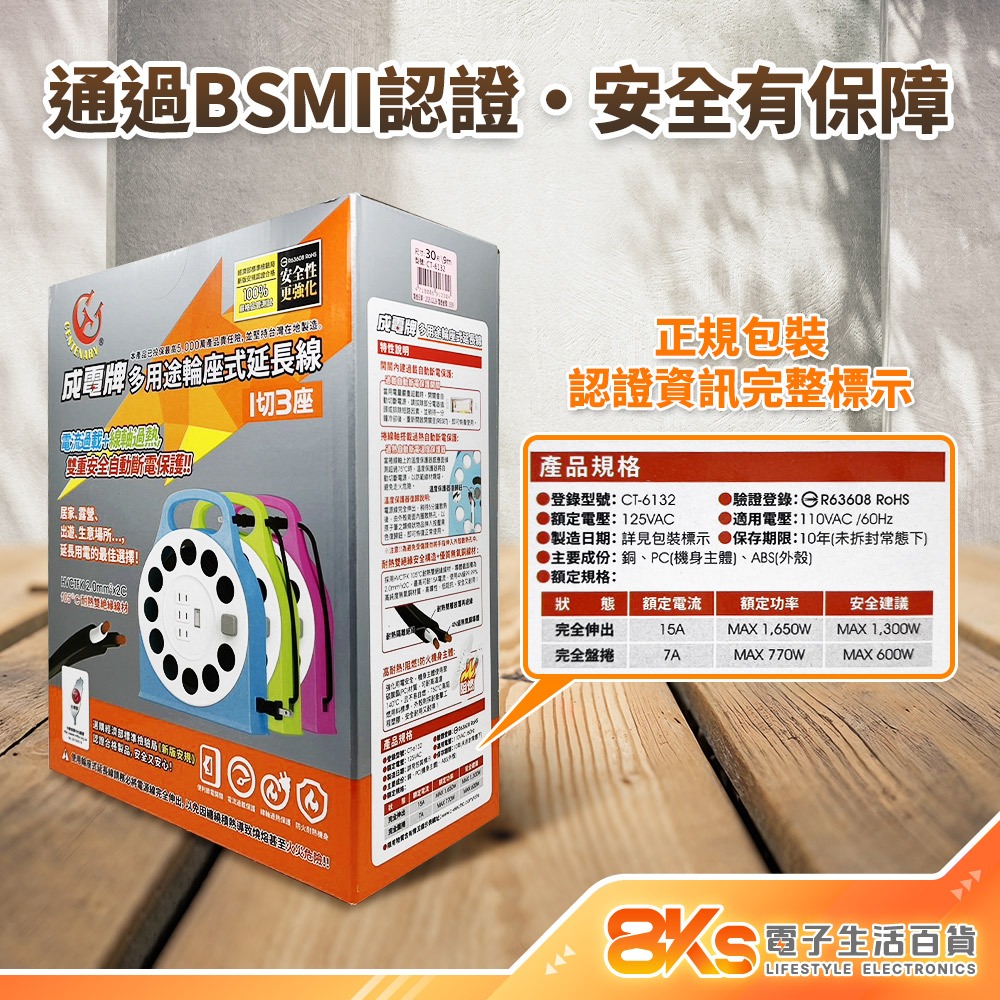 《附發票》輪座延長線 2孔1開3插 3孔1開6插 過載自動斷電、防火材質  BSMI檢驗合格R31714/R63608-細節圖4