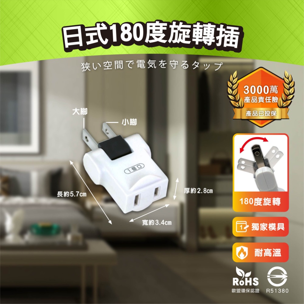 《最新安規》(附發票)日式創新壁插分接器 2芯180度旋轉插頭 模具特製 防火PC材質 BSMI字號R51380-規格圖1