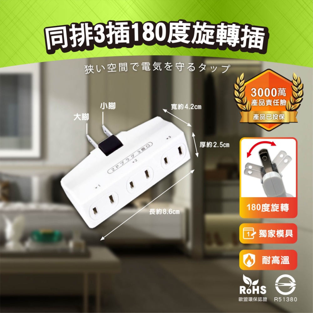 《最新安規》(附發票)日式創新壁插分接器 2芯180度旋轉插頭 模具特製 防火PC材質 BSMI字號R51380-規格圖1