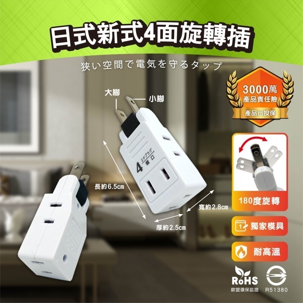 《最新安規》(附發票)日式創新壁插分接器 2芯180度旋轉插頭 模具特製 防火PC材質 BSMI字號R51380-規格圖1