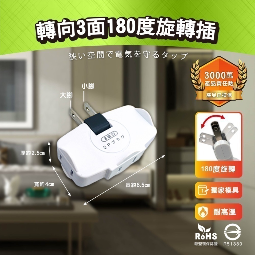 《最新安規》(附發票)日式創新壁插分接器 2芯180度旋轉插頭 模具特製 防火PC材質 BSMI字號R51380-規格圖1