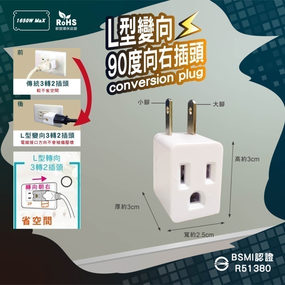 《附發票》3孔轉2孔插頭系列 電源轉接頭  直向式、L型(90度) 電源延長線適用 BSMI新安規認證-規格圖3