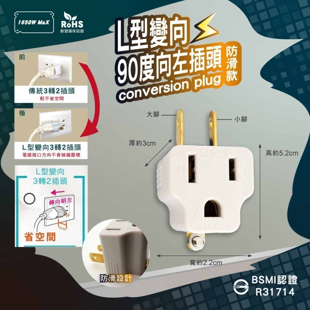 《附發票》3孔轉2孔插頭系列 電源轉接頭  直向式、L型(90度) 電源延長線適用 BSMI新安規認證-規格圖3