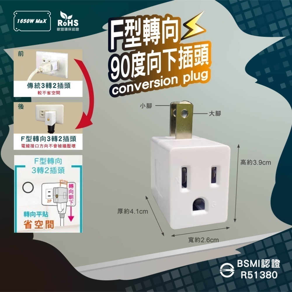《附發票》3孔轉2孔插頭系列 電源轉接頭  直向式、L型(90度) 電源延長線適用 BSMI新安規認證-規格圖3
