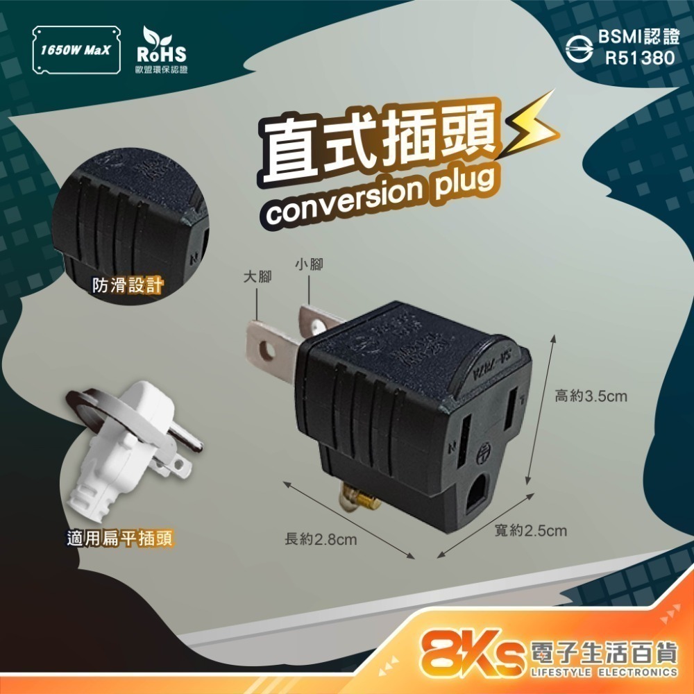 《附發票》3孔轉2孔插頭系列 電源轉接頭  直向式、L型(90度) 電源延長線適用 BSMI新安規認證-規格圖3