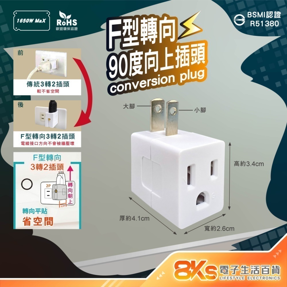 《附發票》3孔轉2孔插頭系列 電源轉接頭  直向式、L型(90度) 電源延長線適用 BSMI新安規認證-規格圖3