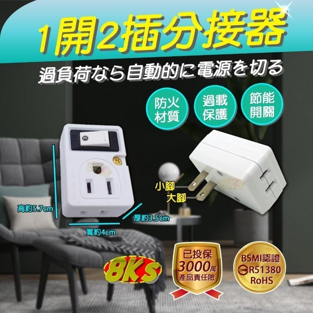 《BSMI認證》(附發票) 1開2插 壁插分接器 節能壁插 2P 防火PC材質 新安規 BSMI字號R51380-細節圖3