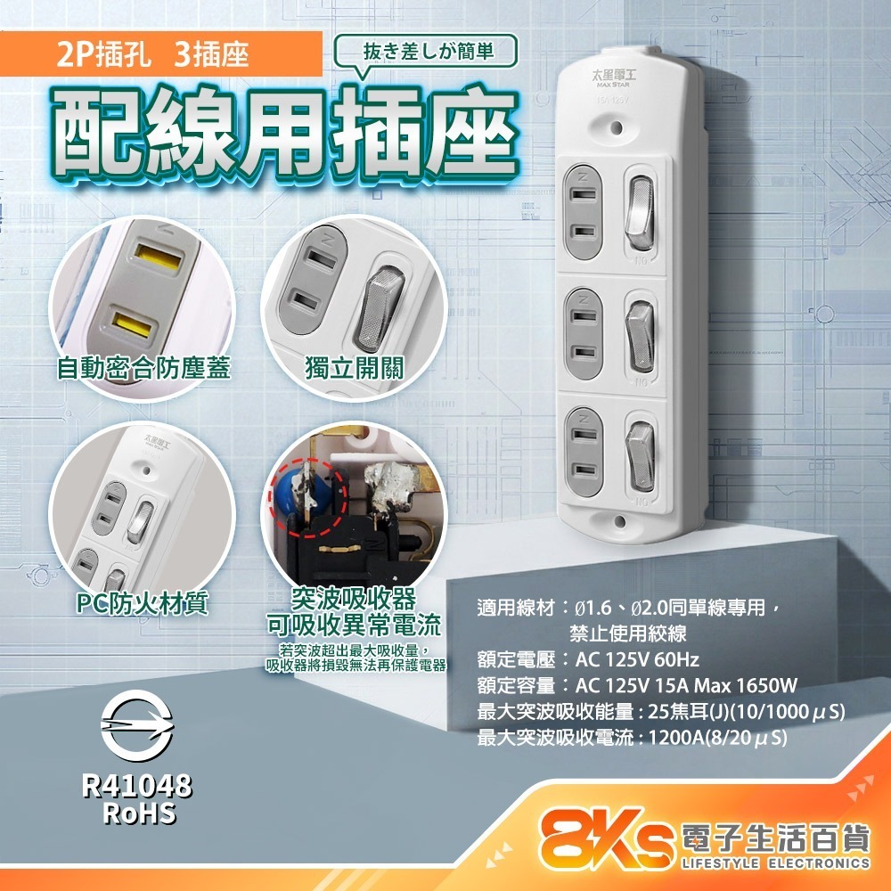 《新版安規》(附發票)2P DIY配線用插座 3插4插 節能開關 RoHS歐盟認證 新安規認證BSMI驗證R31354-規格圖4