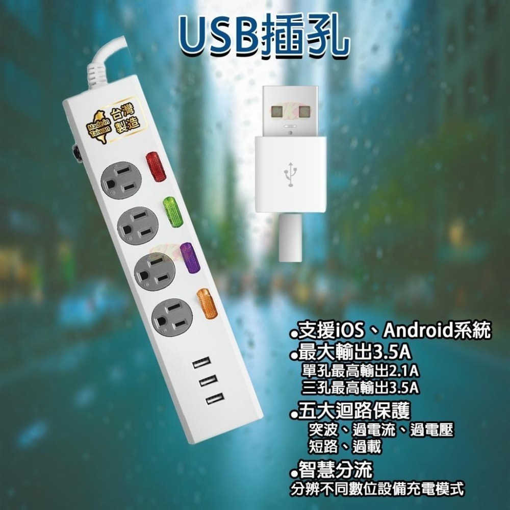 4開4插附USB 台灣製造 3P 3孔延長線3.5A USB充電 獨立開關過載自動斷電  BSMI認證R53951-細節圖4