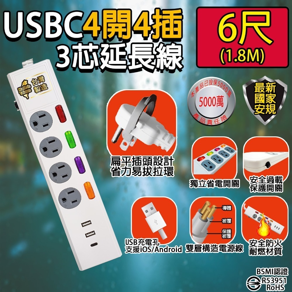 4開4插附USB 台灣製造 3P 3孔延長線3.5A USB充電 獨立開關過載自動斷電  BSMI認證R53951-規格圖7