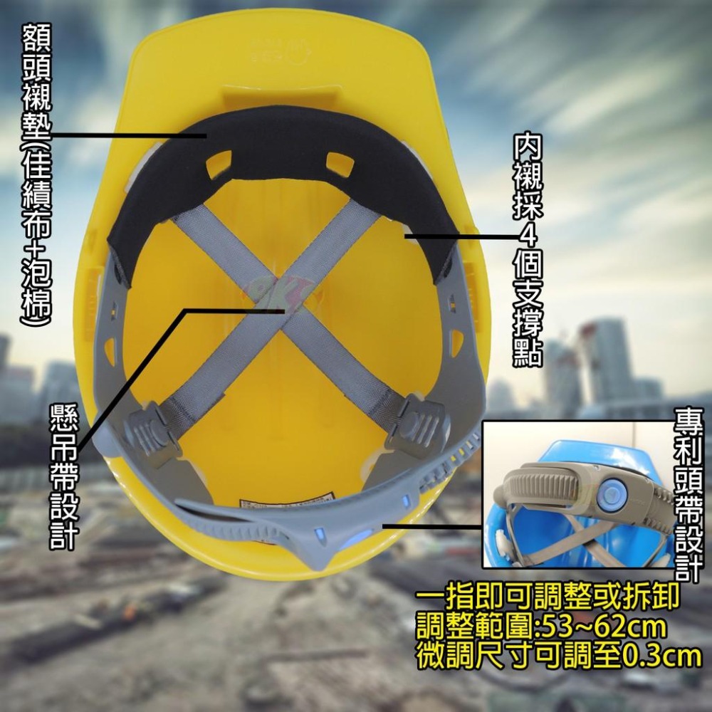 《台灣製造》工地安全帽  施工用 防護頭盔  道路施工建築工程 耐衝擊HDPE材質高鋼性ABS材質 專利頭帶設計-細節圖3