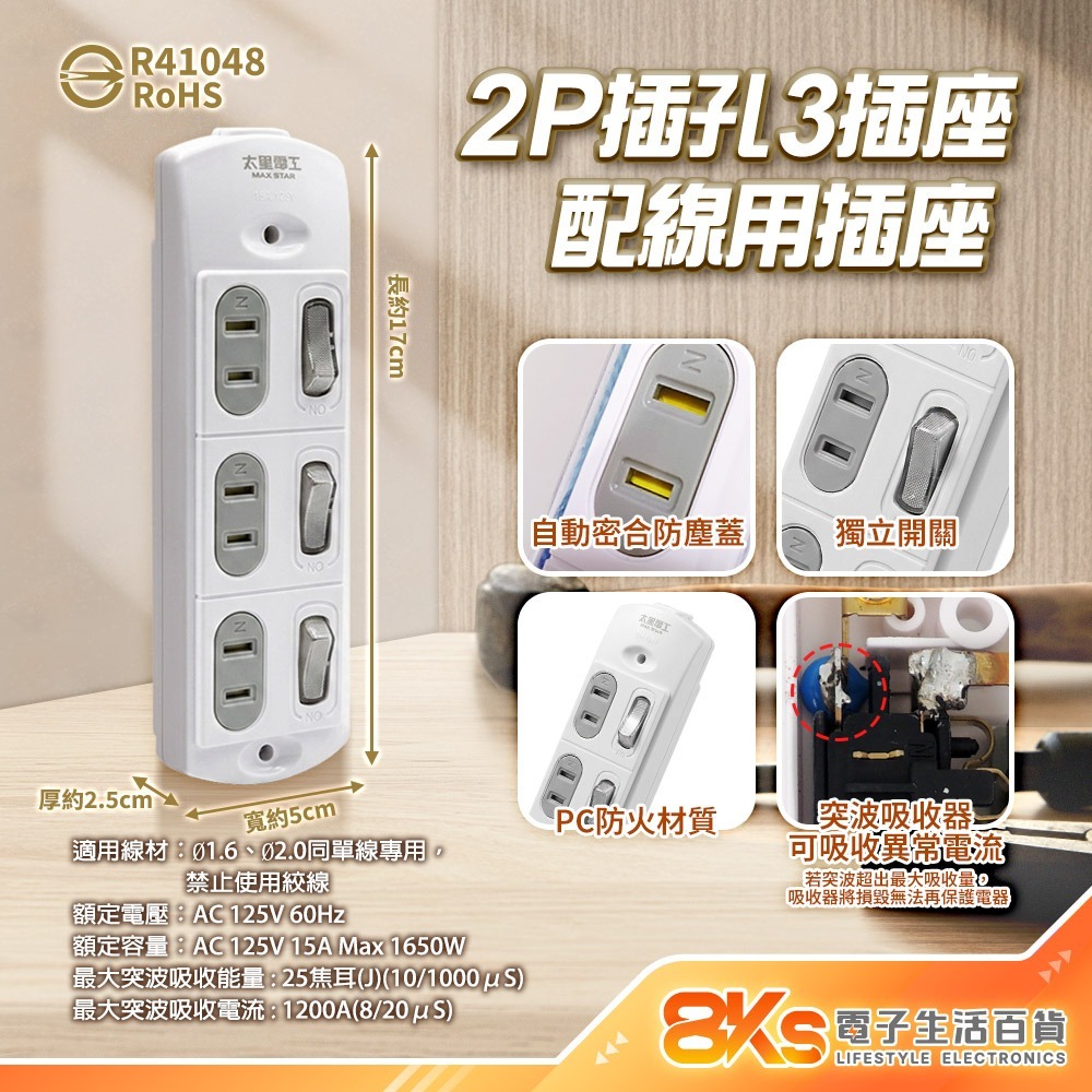 《附發票》DIY配線用插座 3插座 內附固定螺絲 PC防火材質 自動防塵蓋保護 BSMI認證R31714、R41048-規格圖4