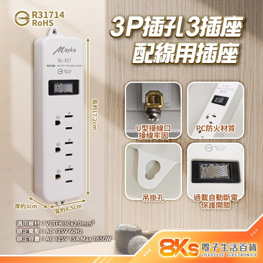 《附發票》DIY配線用插座 3插座 內附固定螺絲 PC防火材質 自動防塵蓋保護 BSMI認證R31714、R41048-規格圖4
