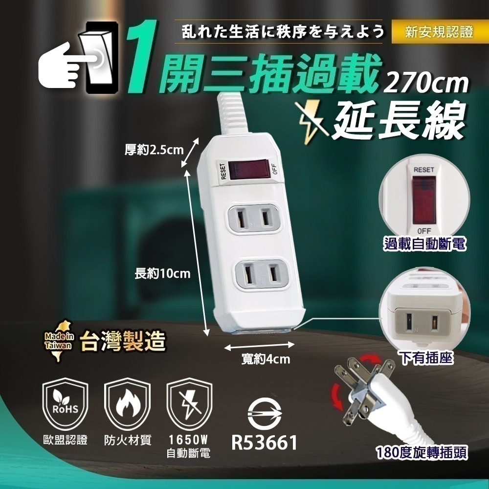 《最新安規》附發票 2孔 1開3插4插 延長線 旋轉插頭 安全延長線 過載保護 自動斷電 BSMI認證R53661-規格圖5