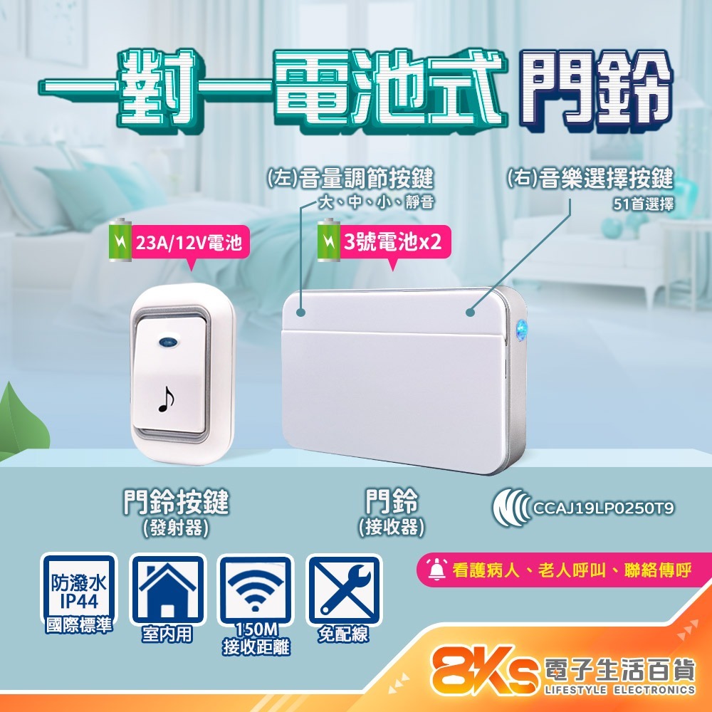 《附發票》無線數位門鈴 自發電 插電式、電池式、警報器 IP44國際標準防潑水 NCC認證-規格圖3