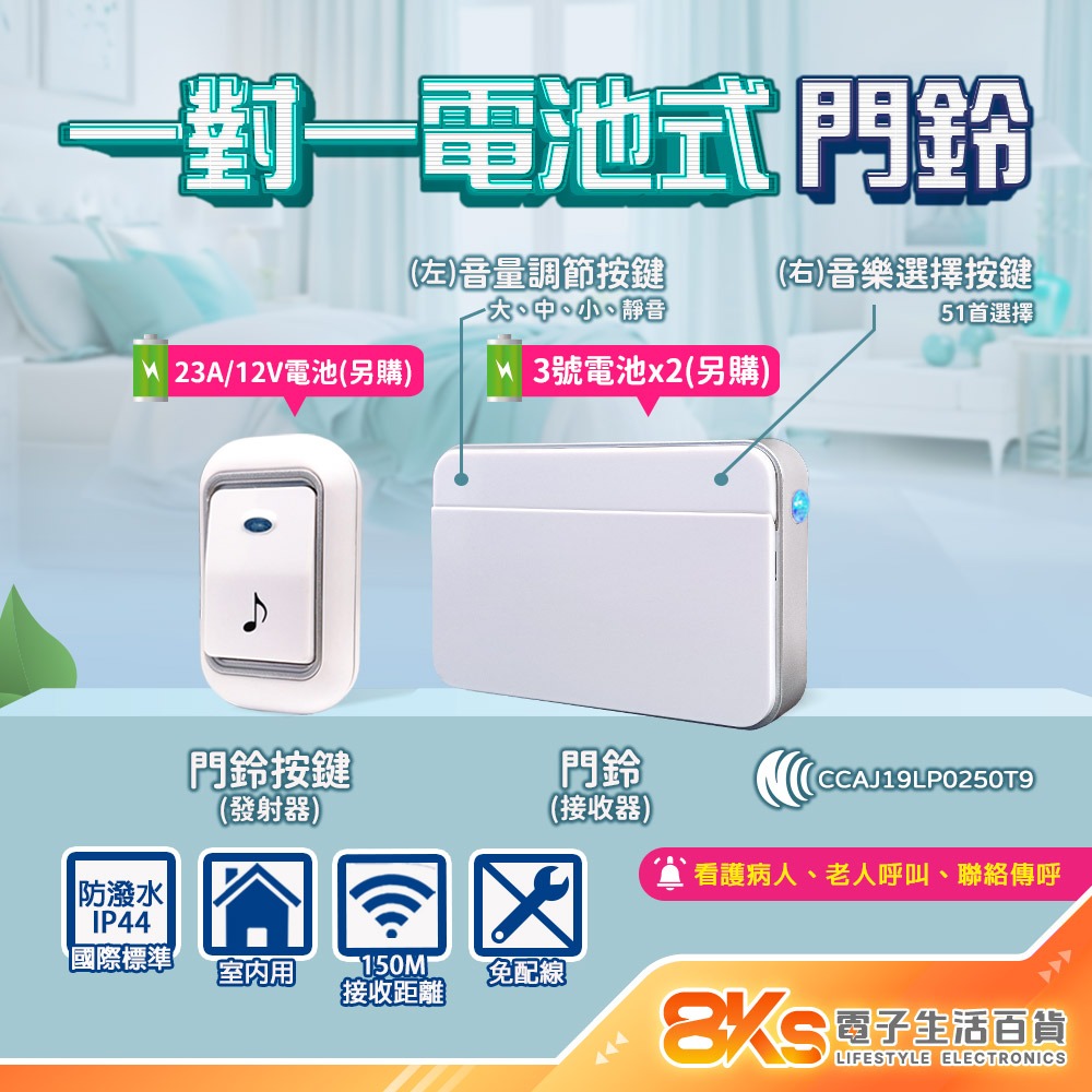 《附發票》無線數位門鈴 自發電 插電式、電池式、警報器 IP44國際標準防潑水 NCC認證-規格圖3