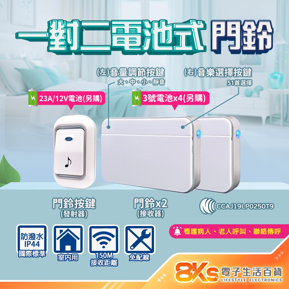 《附發票》無線數位門鈴 自發電 插電式、電池式、警報器 IP44國際標準防潑水 NCC認證-規格圖3
