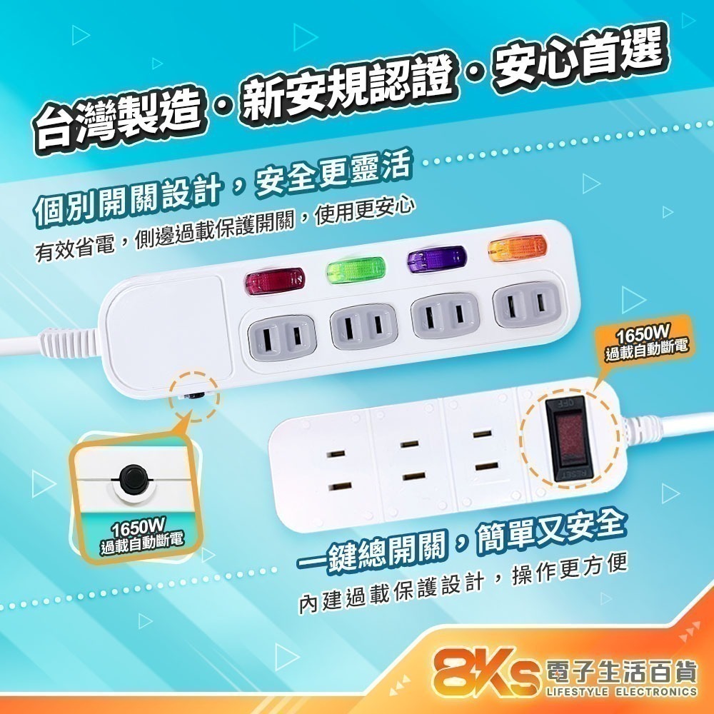 《台灣製造》新安規 3.4.6開 兩芯延長線 旋轉插 平貼式 插頭 1.8m2.7m3.6m BSMI認證R53951-細節圖2