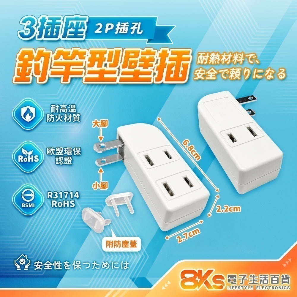 《附發票》多款式壁插 轉接器 2開2插 1開2插 防雷擊SL-2201 3孔轉2孔 分接器 外銷日本 BSMI認證-規格圖4