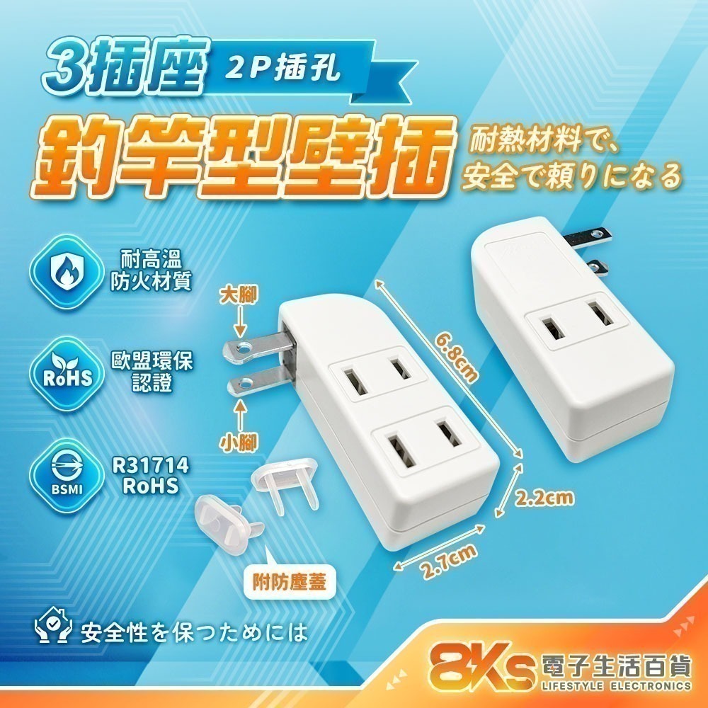 《附發票》多款式壁插 轉接器 2開2插 1開2插 防雷擊SL-2201 3孔轉2孔 分接器 外銷日本 BSMI認證-規格圖4