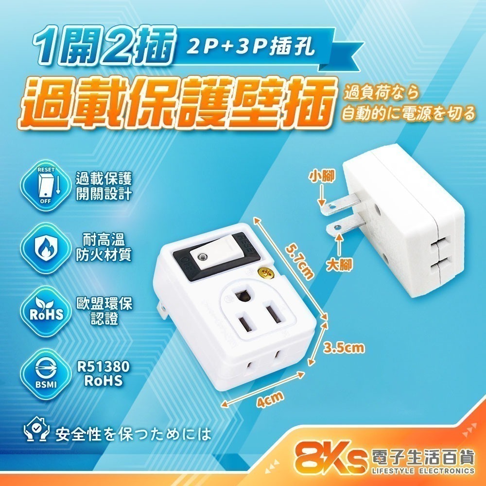 《附發票》多款式壁插 轉接器 2開2插 1開2插 防雷擊SL-2201 3孔轉2孔 分接器 外銷日本 BSMI認證-規格圖4