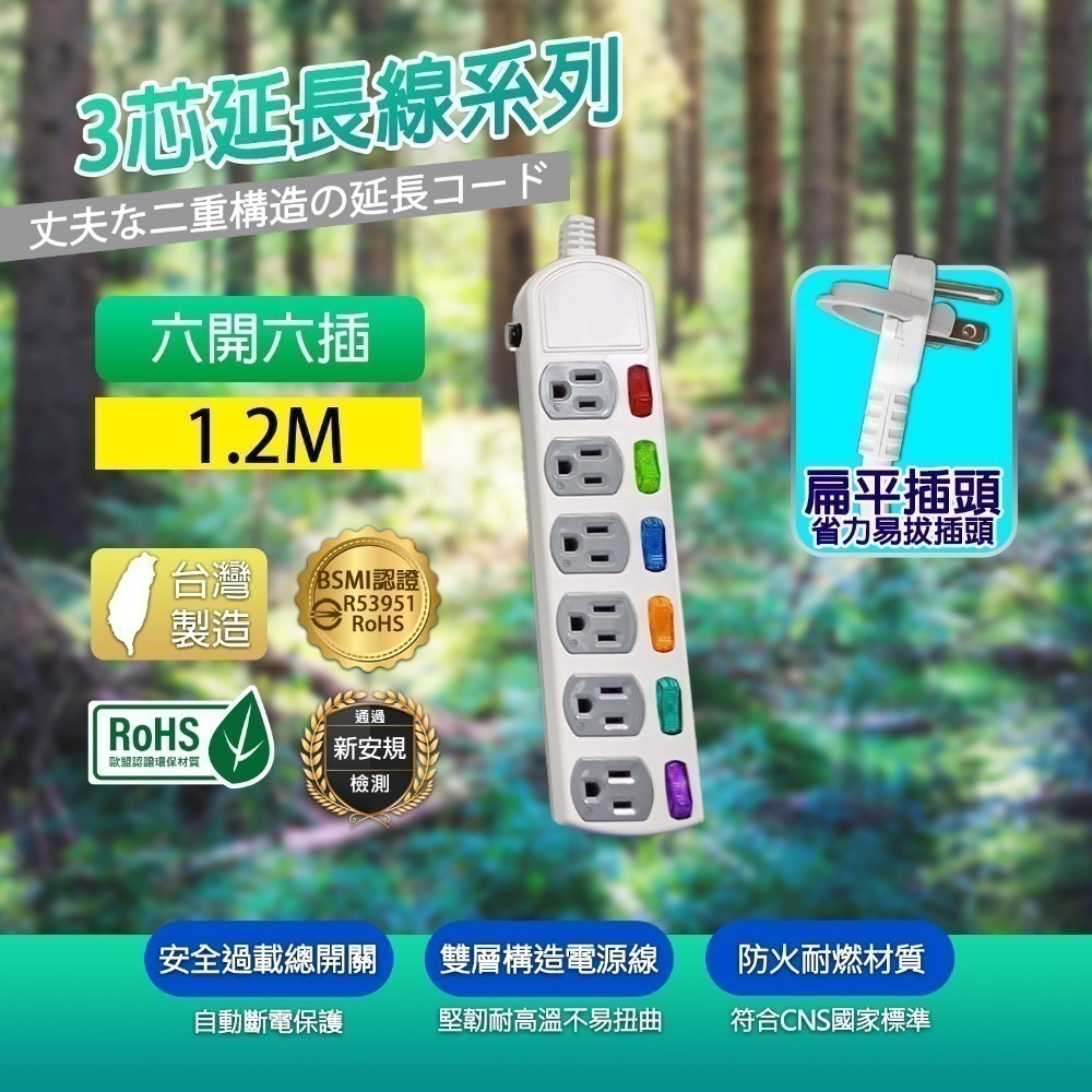 六開六插4尺1.2M延長線(無USB孔)