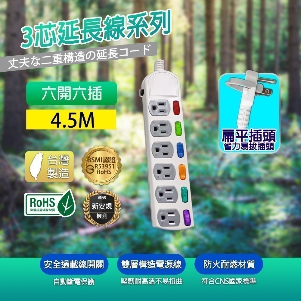 六開六插15尺4.5M延長線(無USB)