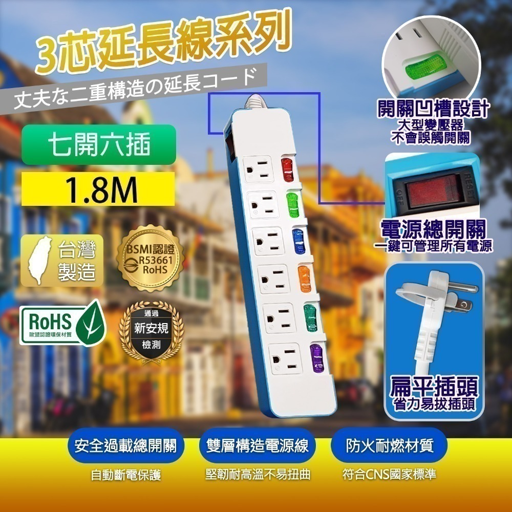 《台灣製造》USB/ TYPE-C 7/6開6插 延長線  安全過載保護自動斷電 BSMI驗證R53951-規格圖4