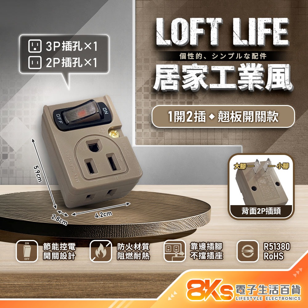 《附發票》Loft 工業風壁插分接器 裝修 復古風 咖啡/黑 插腳靠邊設計 不占空間防火材質 BSMI驗證R51380-規格圖4