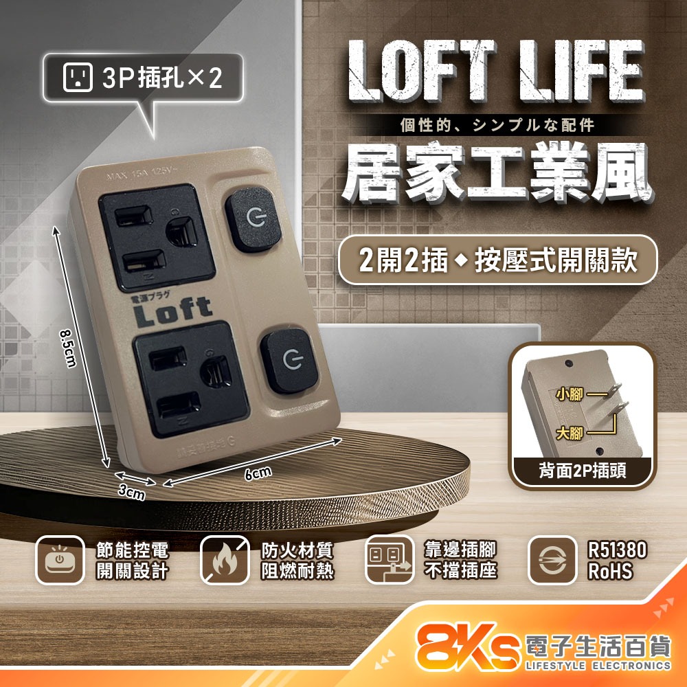 《附發票》Loft 工業風壁插分接器 裝修 復古風 咖啡/黑 插腳靠邊設計 不占空間防火材質 BSMI驗證R51380-規格圖4