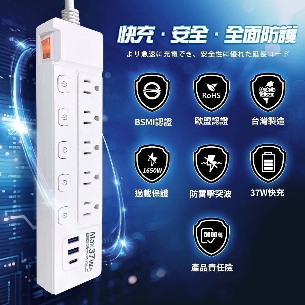 《台灣製造》氮化鎵3芯防雷擊突波 按壓式 新安規延長線 PD37W 過載自動斷電 歐盟認證 BSMI驗證-細節圖5
