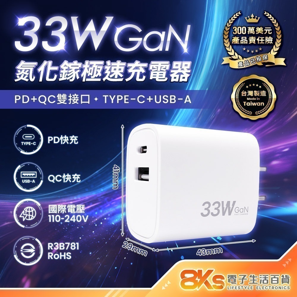 雙孔-33W氮化鎵PD+QC充電器-白