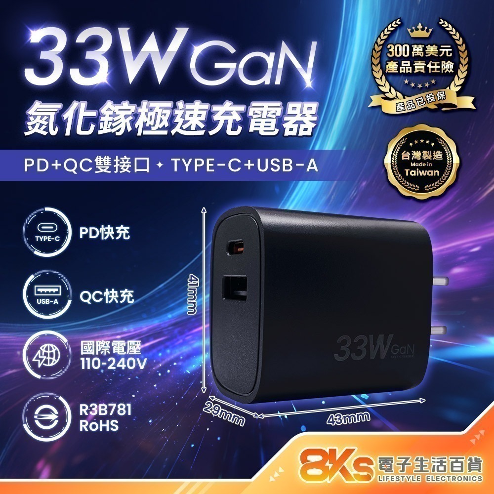 雙孔-33W氮化鎵PD+QC充電器-黑
