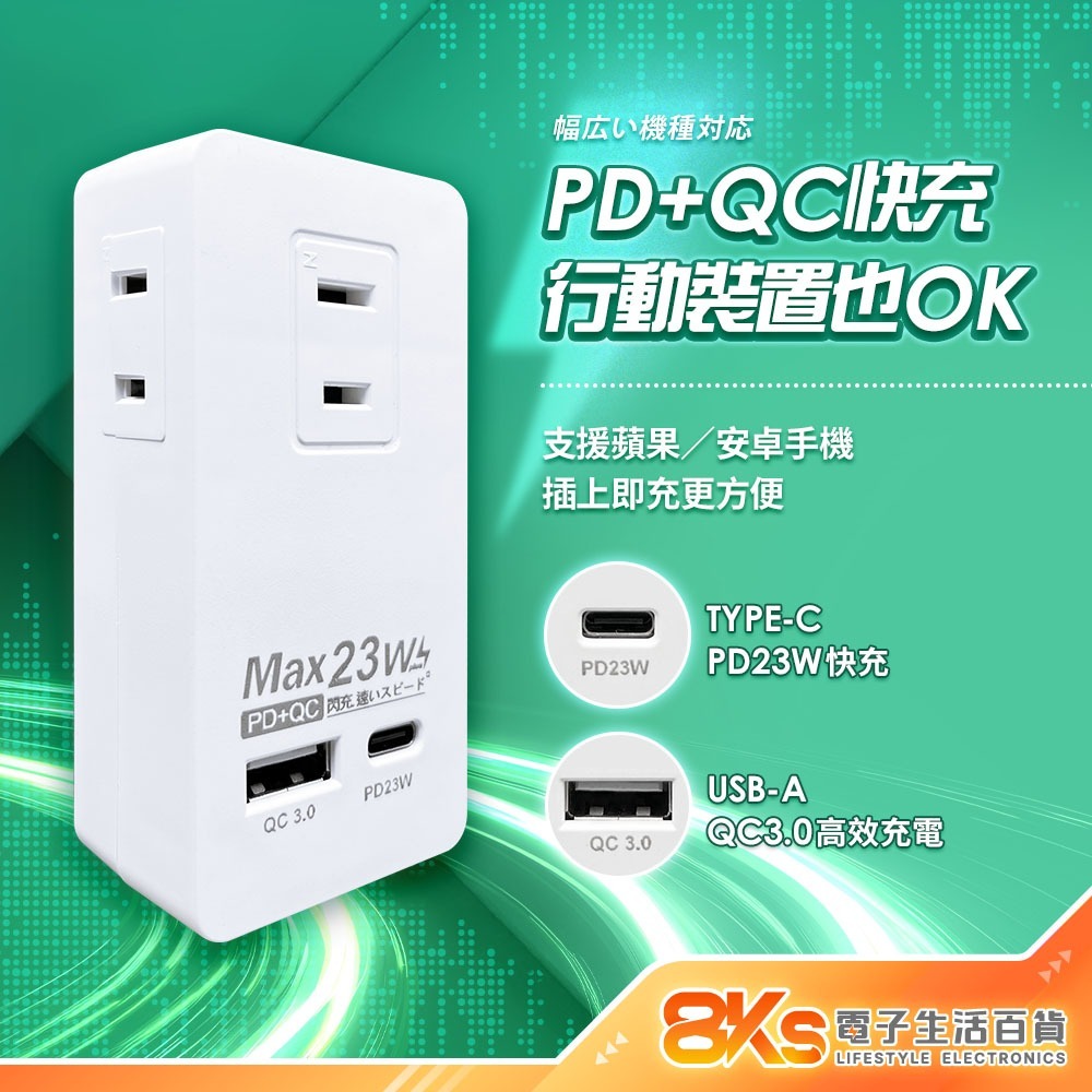 《台灣製造》快充壁插 2P三面插 USB TYPE-C 分接器 PD23W+QC 快充 充電 BSMI認證R53951-細節圖3