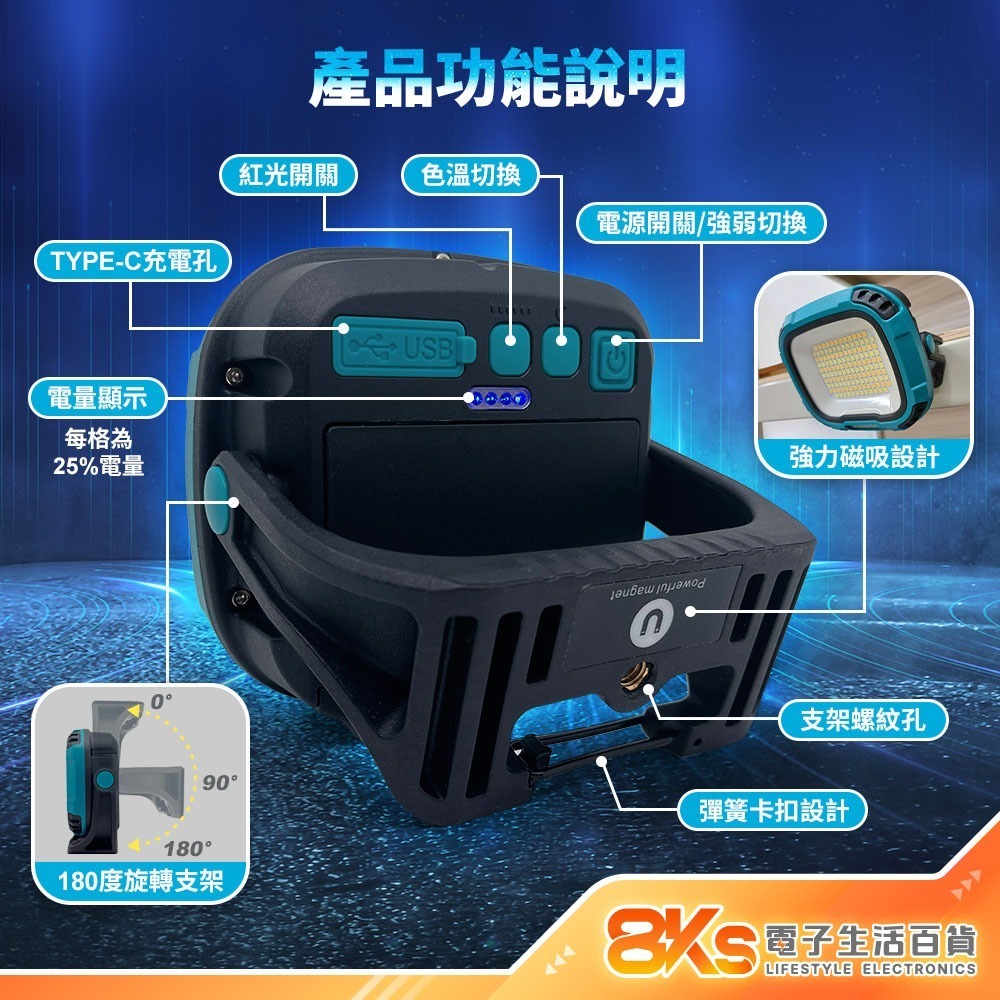 《現貨》80W強磁照明燈 搭贈BSMI電池 TYPE-C充電 8000流明 多種色溫 紅光閃爍 磁吸工作燈 旋轉支架-細節圖4