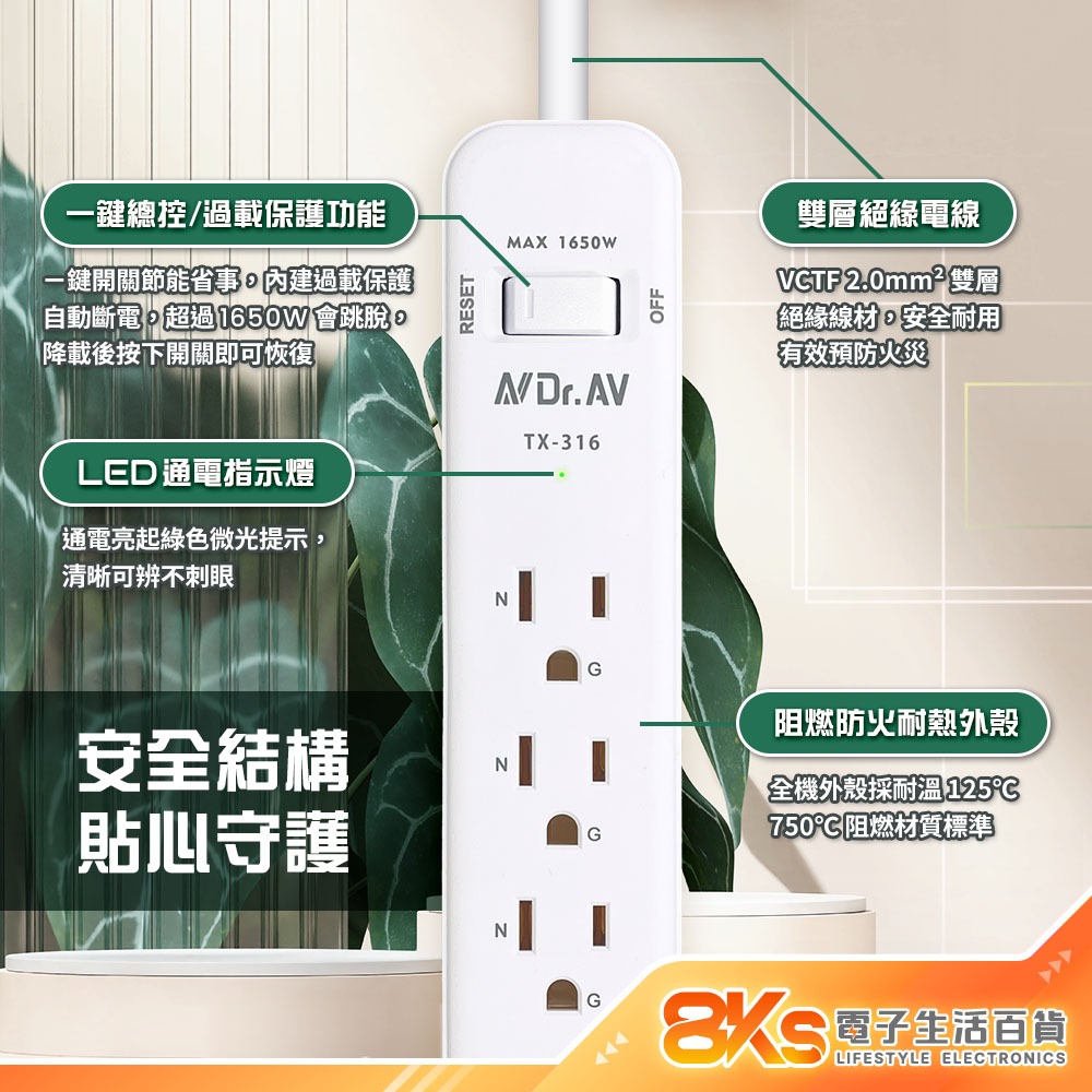 《最新安規》1開6插延長線 3芯延長線 過載保護 防火阻燃 吊掛孔設計 3孔 電腦延長線 BSMI認證-細節圖2