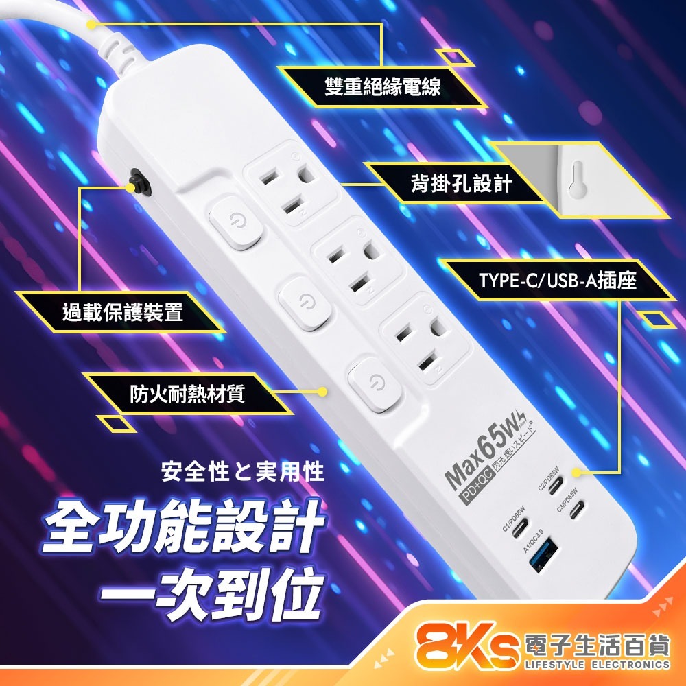《氮化鎵系列》按壓式65W氮化鎵延長線 3開3插 PD+QC 3芯延長線 防雷擊突波 過載保護 防火材質 新安規認證-細節圖4