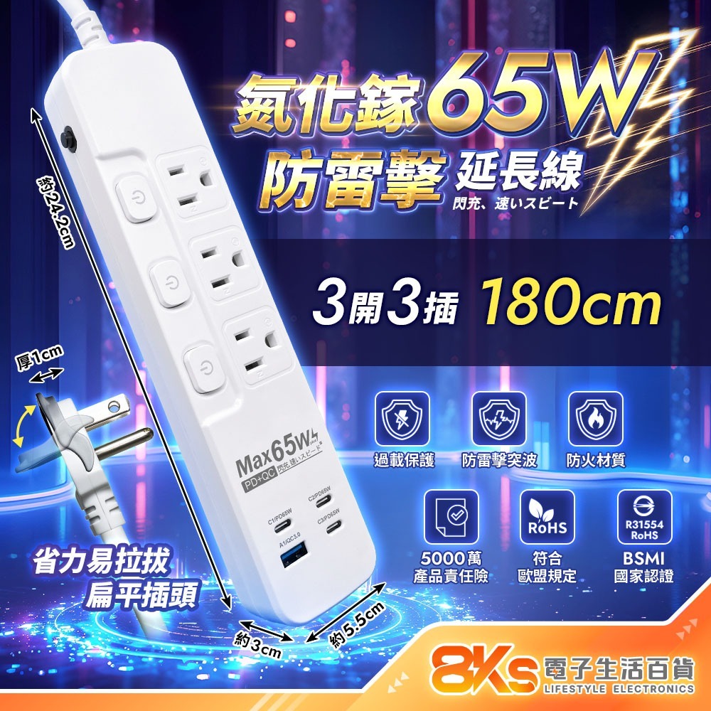 《氮化鎵系列》按壓式65W氮化鎵延長線 3開3插 PD+QC 3芯延長線 防雷擊突波 過載保護 防火材質 新安規認證-規格圖5