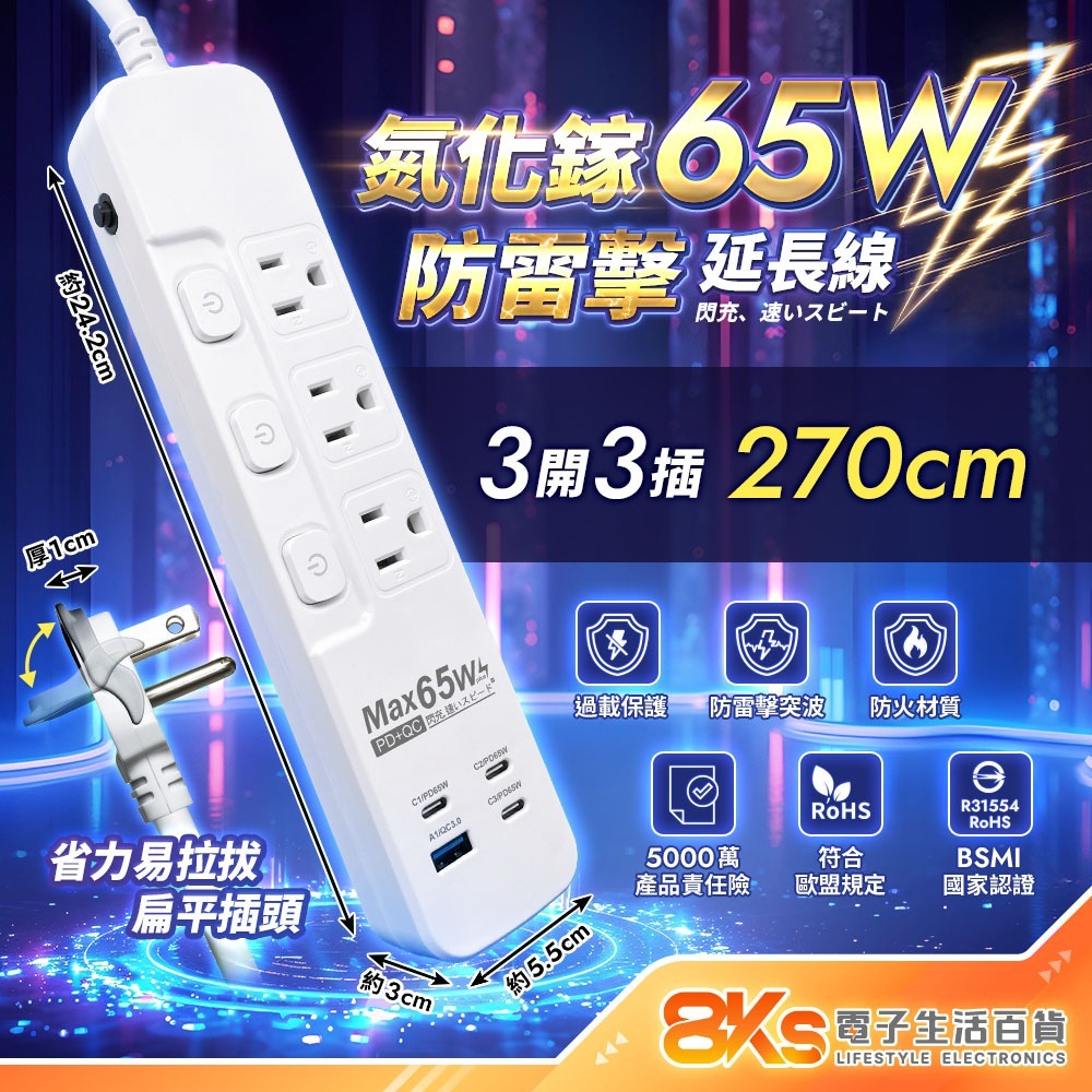 《氮化鎵系列》按壓式65W氮化鎵延長線 3開3插 PD+QC 3芯延長線 防雷擊突波 過載保護 防火材質 新安規認證-規格圖5